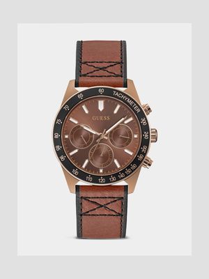 Guess Men's Altitude Brown Plated Stainless Steel Leather Chronograph Watch