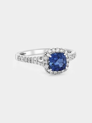 White Gold Lab Grown Blue Sapphire & Moissanite Women’s Cushion Halo Ring