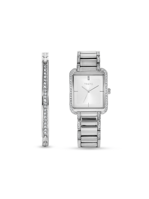 Tempo Ladies’ Silver Tone Crystal Rectangle Bracelet Watch Set