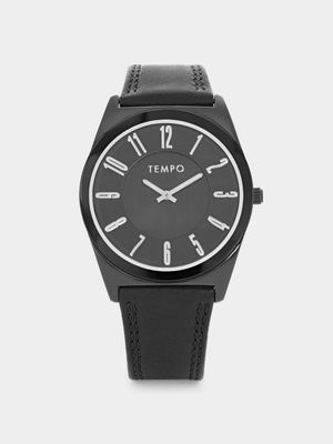Tempo Men’s Black Plated Black Leather Watch