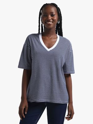 Jet Women's Regular Navy/White Vneck Stripe Tee Casual Knit Top