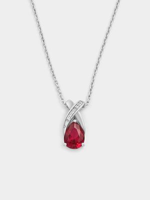 Sterling Silver Diamond & Created Ruby Pear  Pendant