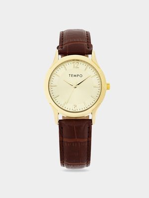 Tempo Ladies Gold Toned Brown Leather Watch