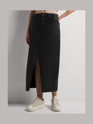 News Denim Coated Front Slit Midi Skirt