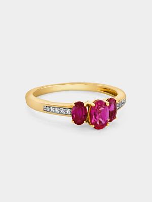 Yellow Gold Diamond & Created Ruby Oval Trilogy Ring
