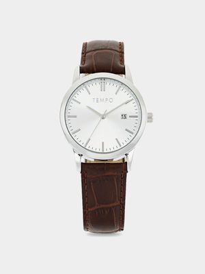 Tempo Men's Silver Toned Brown Leather Watch With Date Function