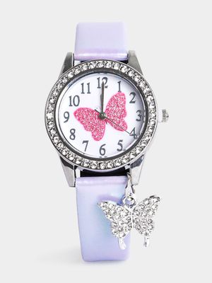 Girl's White Diamante Butterfly Watch