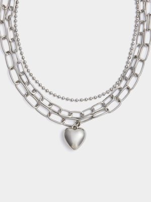 Women's Silver Chunky Heart Layered Necklace