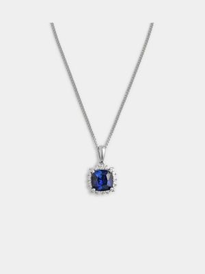 Sterling Silver Diamond & Created Sapphire Blue Cushion Pendant