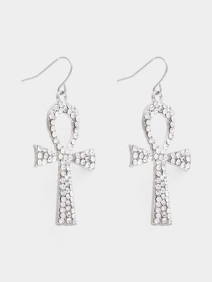 Women's Silver Diamante Cross Earrings