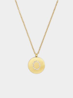 18ct Gold Plated Waterproof Stainless Steel CZ O Initial on Disk Pendant