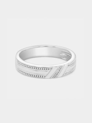 Sterling Silver Diamond Diagonal Strokes Beaded Ring