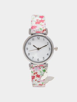 Girl's Pink Flower Print Watch