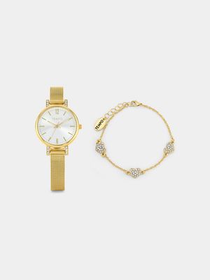 Tempo Gold Plated Mesh Watch & Heart Bracelet Set