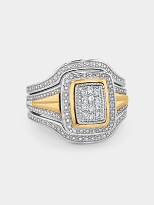 Yellow Gold & Sterling Silver Diamond & Created White Sapphire Cushion Triple Set Ring