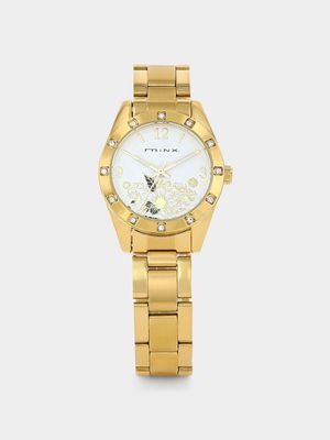Minx Gold Plated White Flower Dial Bracelet Watch