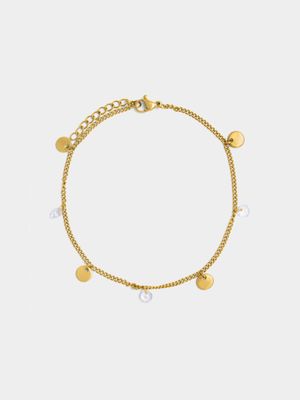 18ct Gold Plated Waterproof Stainless Round Disk & CZ Anklet