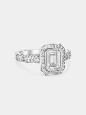 Sterling Silver Cubic Zirconia Bezel Emerald-Cut Halo Ring