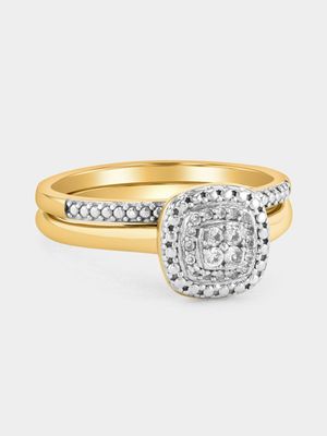 Yellow Gold Diamond & Created Sapphire Cushion Halo Twinset Ring