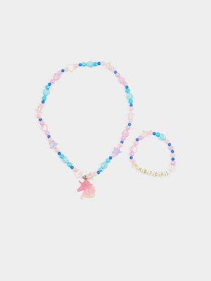 Girl's Pink & Blue Beaded Necklace & Bracelet Set