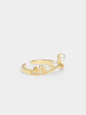 18ct Gold Plated V shaped Open Ended Ring with Pearl & CZ detail
