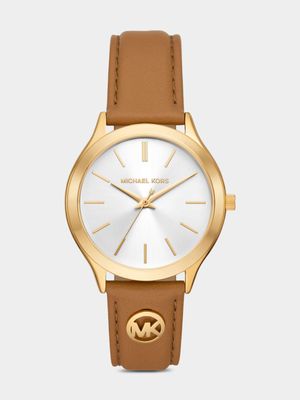 Michael Kors Slim Runway Gold Plated Brown Leather Watch