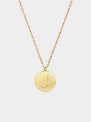 18ct Gold Plated Waterproof Stainless Steel CZ J Initial on Disk Pendant