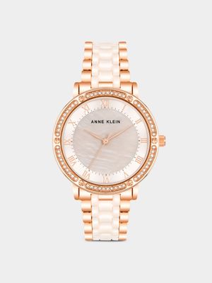 Anne Klein Women's Rose Gold Plated & Blush Ceramic Crystal Bracelet Watch
