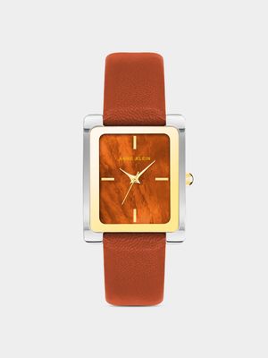 Anne Klein Silver & Gold Plated Rectangular Rust Leather Watch