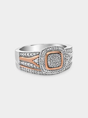 Rose Gold & Sterling Silver Diamond Cushion Halo Twinset Ring