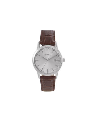 Tempo Men’s Silver Tone Leather Strap Watch