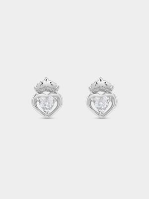 Sterling Silver Cubic Zirconia Tiara Heart Stud Earrings