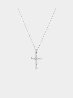Sterling Silver Cubic Zirconia Pavé Fluted Cross Pendant