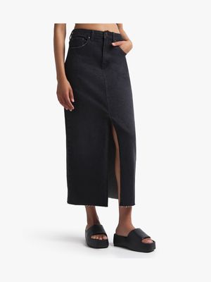 Women's Black Denim Midi Skirt With Slit
