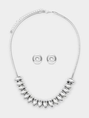 Silver Tone Rondelle Beads Necklace & Stud Set