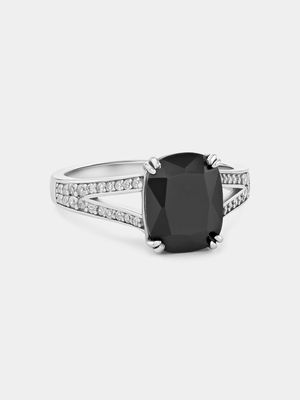 Sterling Silver Black Cubic Zirconia Rectangle Cushion Ring