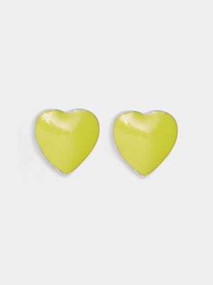 Rhodium Plated Brass & Yellow Enamel Heart Stud Earrings