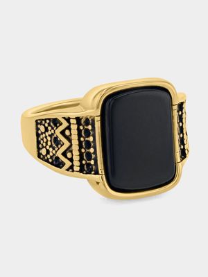 Stainless Steel Gold Plated Black Glass Rectangle Ring