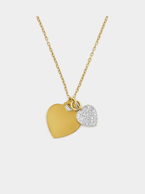 Yellow Gold & Sterling Silver Cubic Zirconia Double Heart Pendant
