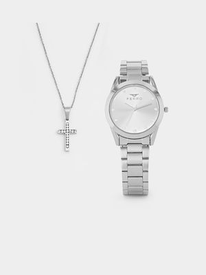 Ferro Women’s Silver Plated Bracelet Watch & Cross Pendant Set