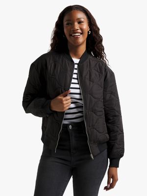 Women's Black Quilted Bomber Jacket