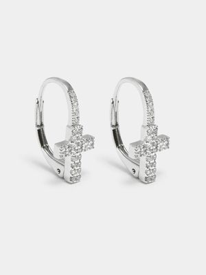 Rhodium plated Huggie earrings with cross