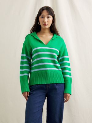Women's Canvas Wide Collared Striped Jumper Green