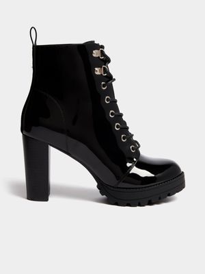 Women's Black Lace-Up Block Heel Boots
