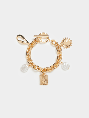 Chunky Gold Chain with Various Charms Bracelet