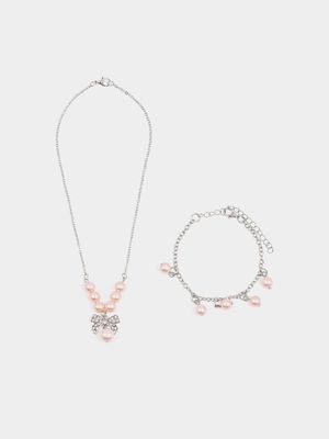 Girl's Pink Pearl Necklace & Bracelet Set