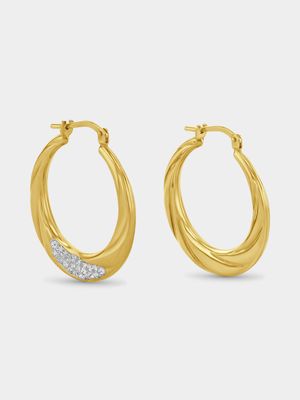 Yellow Gold & Sterling Silver Crystal Creole Wave Hoop Earrings