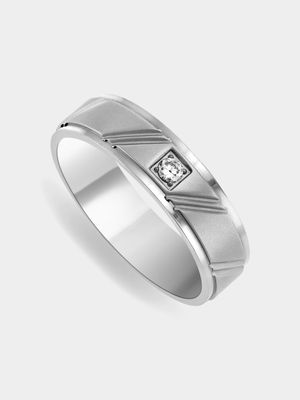 Stainless Steel Matt Diagonal Design Cubic Zirconia Men's Ring