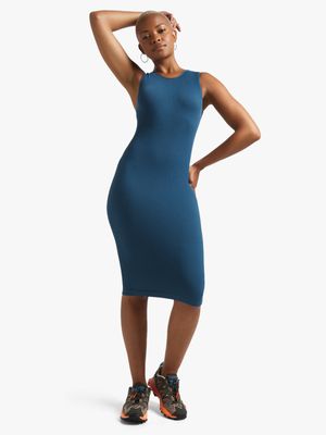 Women's Denim Blue Seamless Dress With Back Slit
