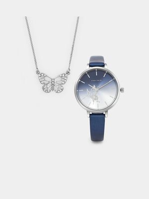Minx Women’s Silver Plated Blue Faux Leather Watch & Butterfly Pendant Set